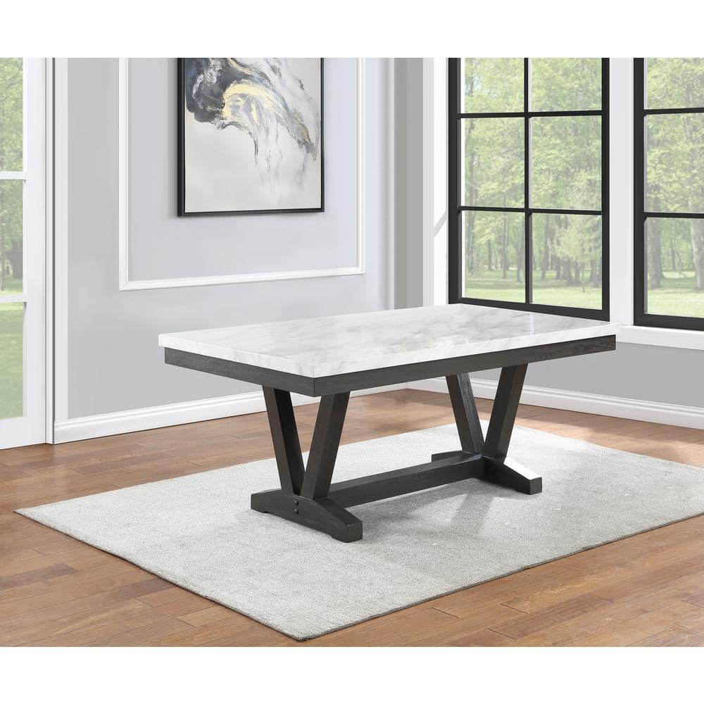 Weathered Gray Wood Dining Table with Faux Marble Top, 72"