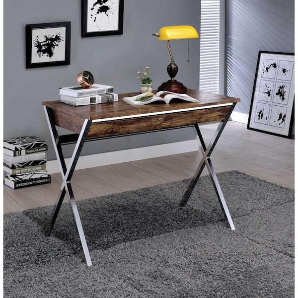HomeRoots 36 in. Rectangular Brown Metal 2-Drawer Computer Desks