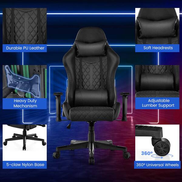 Costway Faux Leather Swivel Ergonomic Gaming Chair in Black with 