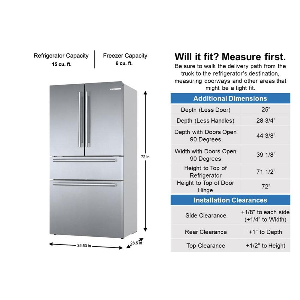 36 Inch Stainless Steel Smart French Door Refrigerator with Ice Maker