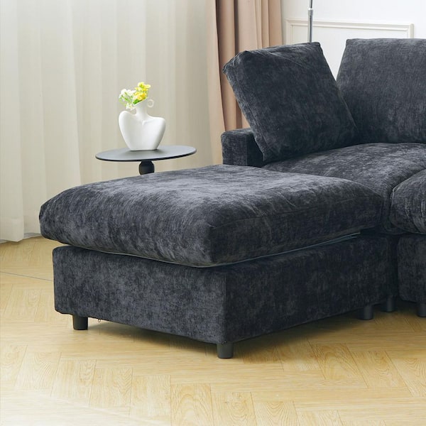 Cloud Couch 34 in. Armless Chenille Modular Sofa Ottoman with Washable and Replaceable Covers in Black