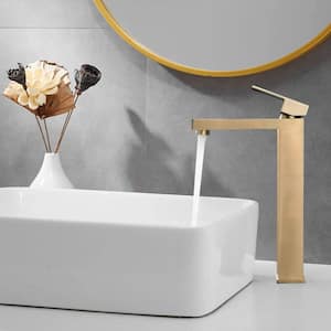 Single Hole Single Handle Tall Bathroom Vessel Sink Faucet Square Bathroom Faucet in Brushed Gold