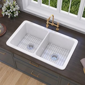 32 in. Drop-In/Undermount Double Bowl Farmhouse Fireclay Kitchen Sink Dual Mount with Bottom Grids and Strainer in White