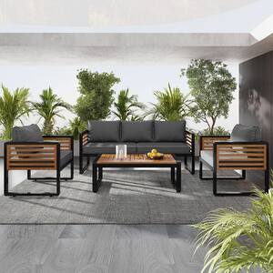 4-Piece Metal And Wood Frame Patio Conversation Set for 5 Person Garden Sofa Set With Grey Cushions