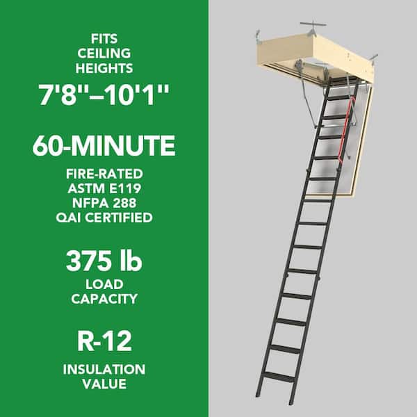 LMF 60, 7ft. 8 in. - 10 ft. 1 in., 30 in. x 54 in. Fire-Rated Insulated Steel Metal Attic Ladder, 375 lbs. Load Capacity