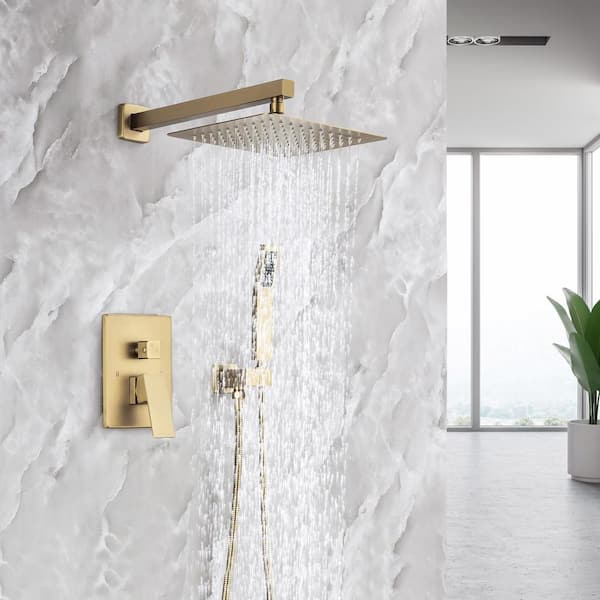 10 in. Shower Head Single-Handle 1-Spray Square High Pressure Shower Faucet in Gold Color (Valve Included)