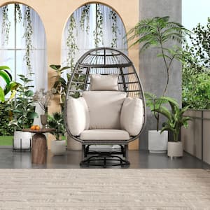 Outdoor Grey Wicker Rattan Swivel Chair Patio Swing Egg Chair with Beige Cushions