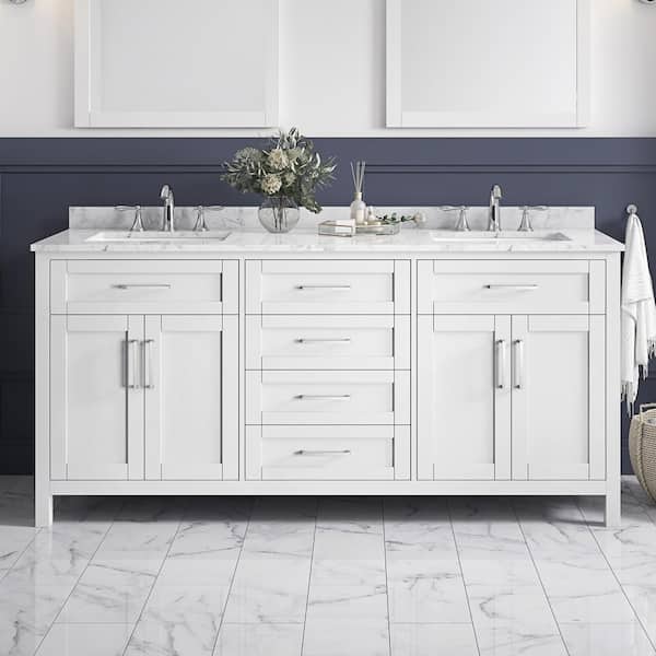 Home Decorators Collection Riverdale 72 in. Double Sink White Bath Vanity with Carrara Marble Top with Integrated Outlet (Assembled)
