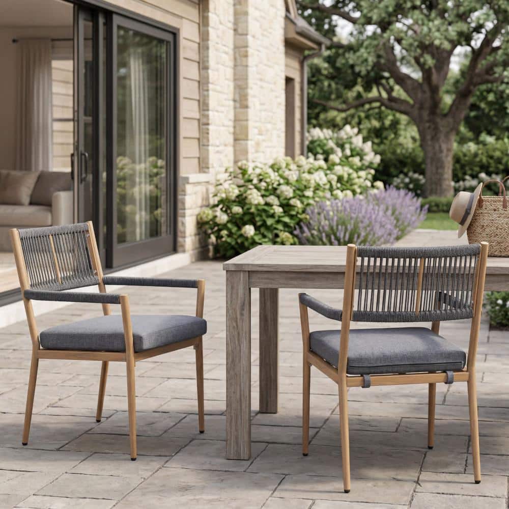 Metal Patio Dining Set of 2, Rope Back Chairs with Armrests & Removable Beige Cushions, All-Weather, Dark Grey price history on PriceWatchPro