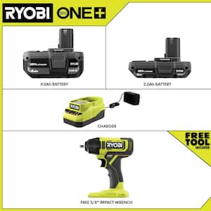 ONE+ 18V Lithium-Ion 4.0 Ah Battery, 2.0 Ah Battery, and Charger Kit with FREE ONE+ Cordless 3/8 in. Impact Wrench