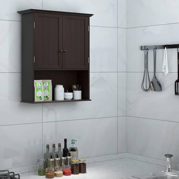 Bunpeony 23.5 in. W x 8 in. D x 28 in. H 2-Door Bathroom Storage Wall Cabinet in Espresso