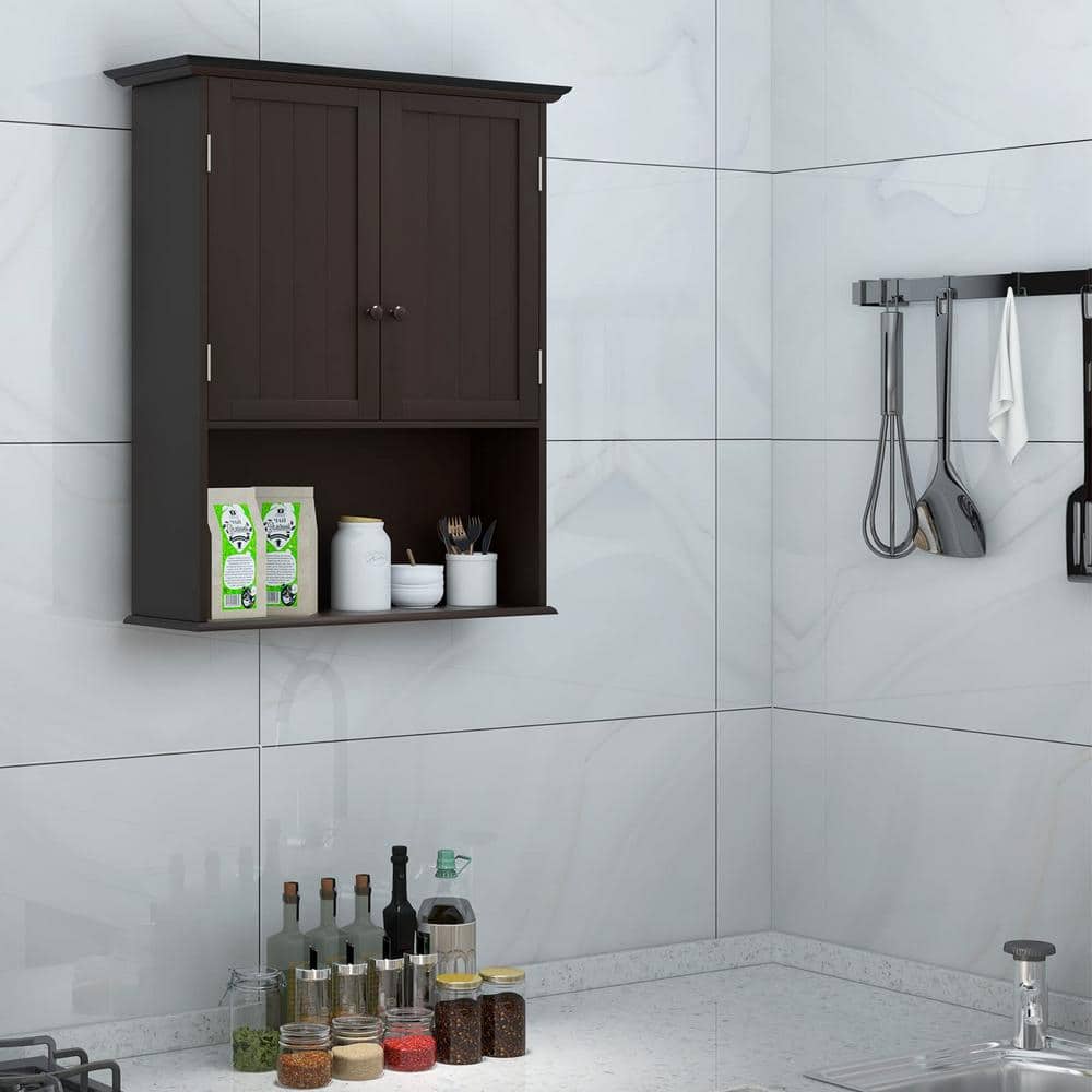 Espresso MDF Wall Mount Bathroom Cabinet with Open Shelf