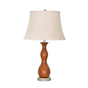 28 in. Brown Wooden Table Lamp with Bell Shaped Lamp Shade in Off White