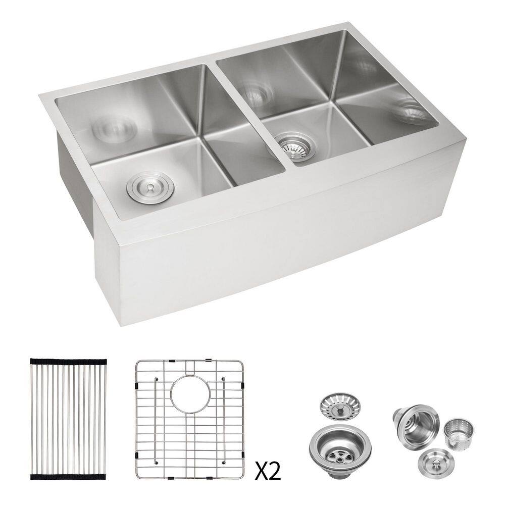 33 in. Farmhouse/Apron-Front Double Bowl (50/50) 16 Gauge Brushed Nickel Stainless Steel Kitchen Sink with Bottom Grids price history on PriceWatchPro