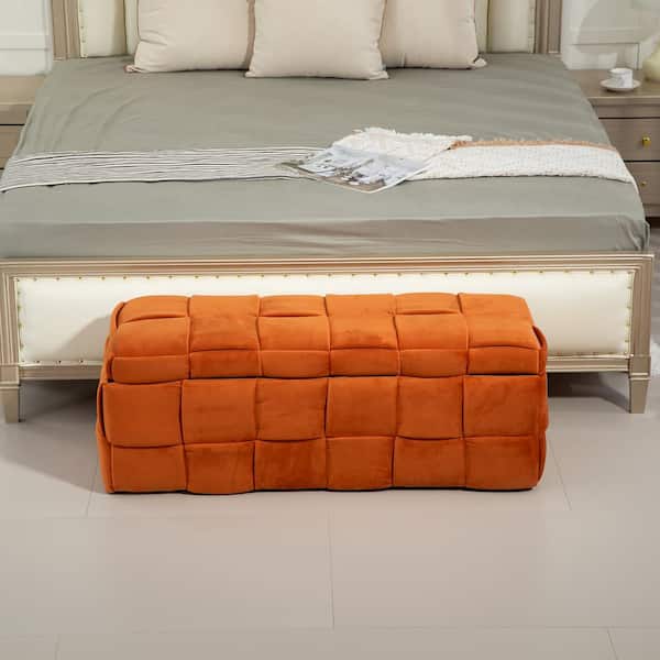 Noble House Cina Orange Upholstered Velvet Storage Ottoman Bench with Safety Hinge, Rubberwood Frame