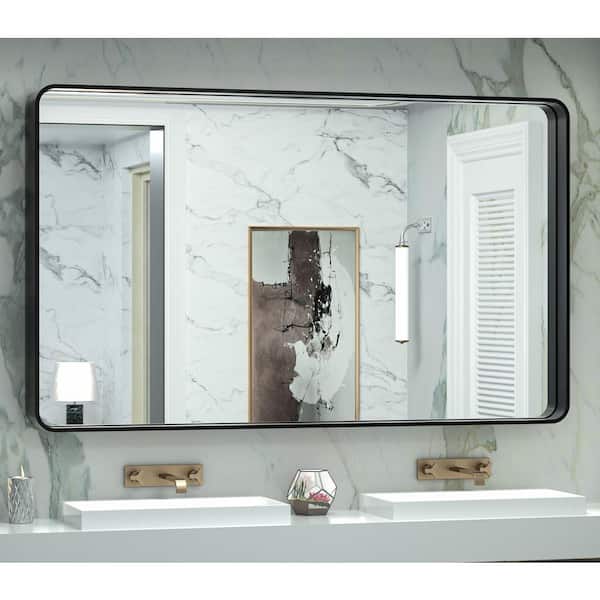 TETOTE 60 in. W x 36 in. H Rectangular Aluminum Framed Wall Mount Bathroom Vanity Mirror in Black