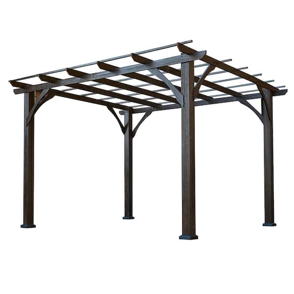 Zeus & Ruta 10 ft. x 12 ft. Brown Cedar Wood Pergola Plant Trellis Gazebo, Rot Resistant, Concrete Anchors, Spacious for Patio, Deck
