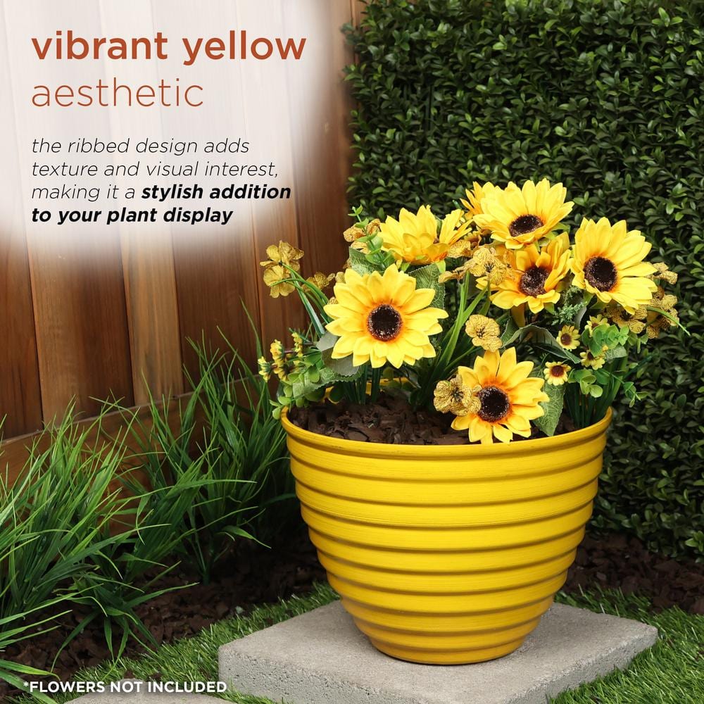 12" Yellow Ribbed Plastic Indoor Outdoor Planter