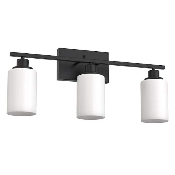 24 in. 3-Light Matte Black Industrial Bathroom Vanity Light with White Glass Shades
