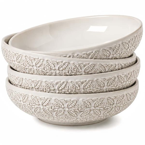 22 oz Ceramic Pasta Bowls Set of 4, 8 Inch Porcelain Embossed Salad Bowls, White Salad, Dessert, Pasta & Soup Bowls