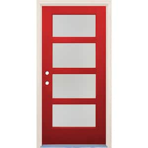 36 in. x 80 in. Right-Hand/Inswing 4 Lite Satin Etch Glass Ruby Red Fiberglass Prehung Front Door w/4-9/16" Frame
