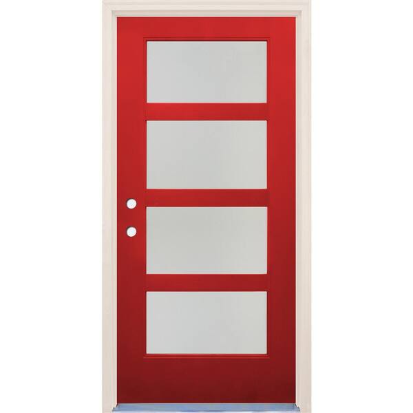 Builders Choice 36 in. x 80 in. Right-Hand/Inswing 4 Lite Satin Etch Glass Ruby Red Fiberglass Prehung Front Door w/4-9/16" Frame