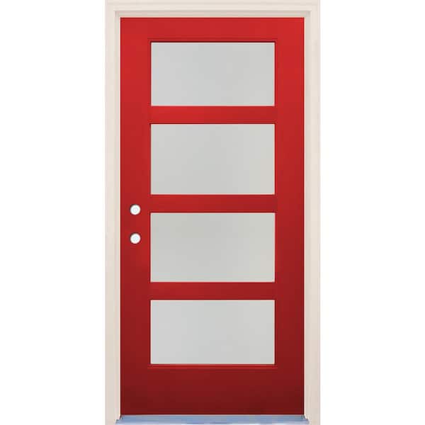 Builders Choice 36 in. x 80 in. Right-Hand/Inswing 4 Lite Satin Etch Glass Ruby Red Fiberglass Prehung Front Door w/6-9/16" Frame