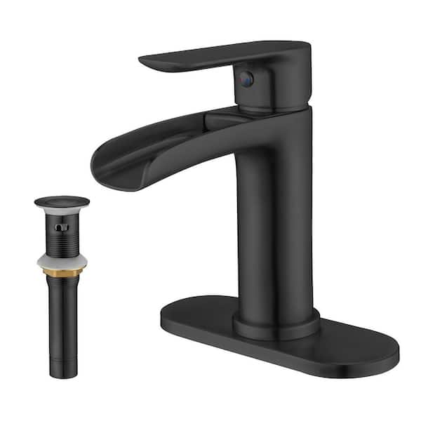 Single Handle Single Hole Bathroom Faucet with Deckplate Included and Drain Kit in Matte Black