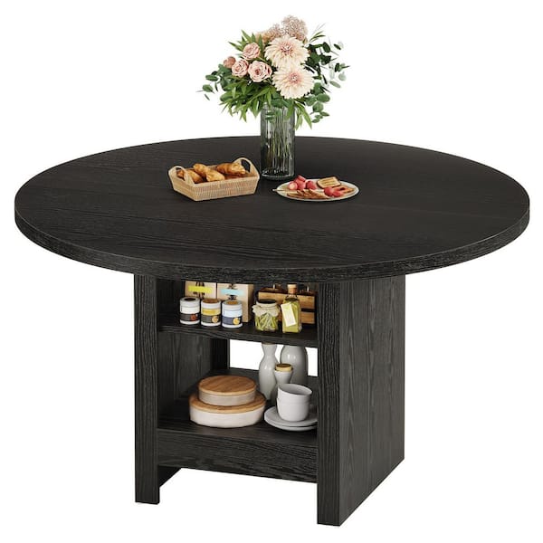 Black Wood 47 in. Pedestal Dining Table with 2-Tier Storage Shelf, Small Round Dinner Table Seats 4 Dining Room Kitchen