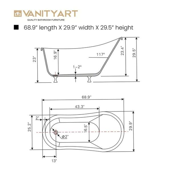 Vanity Art Pantin 69 in. Acrylic Clawfoot Freestanding Bathtub in White