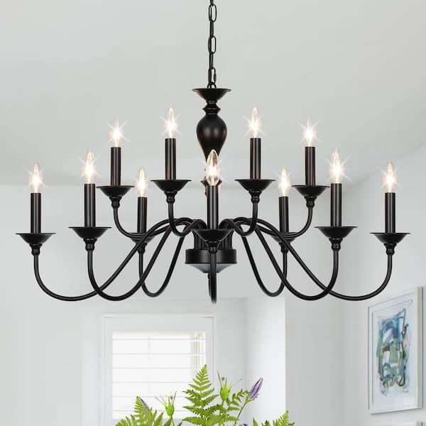12-Light Black Farmhouse Chandelier, Industrial Candle Dining Room Light Fixture for Kitchen Island, Foyer, or Staircase