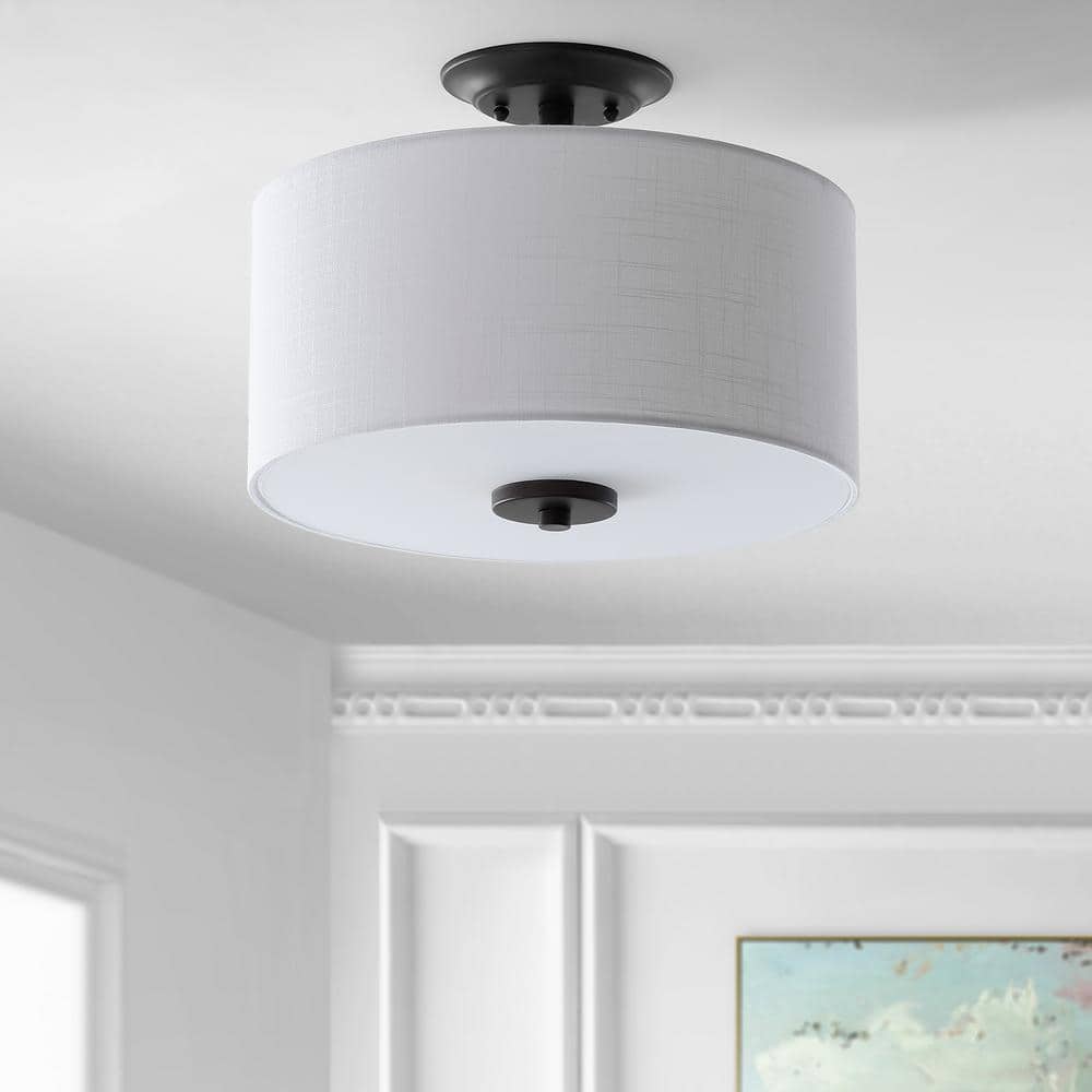 Elegant 15" Drum Linen Shade LED Semi-Flush Mount in Oil Rubbed Bronze