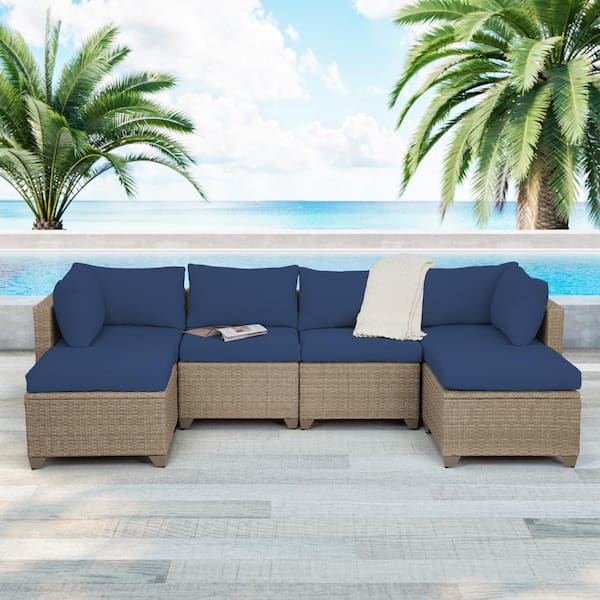 TK CLASSICS Maui 6-Piece Wicker Patio Conversation Set with Cobalt Cushions