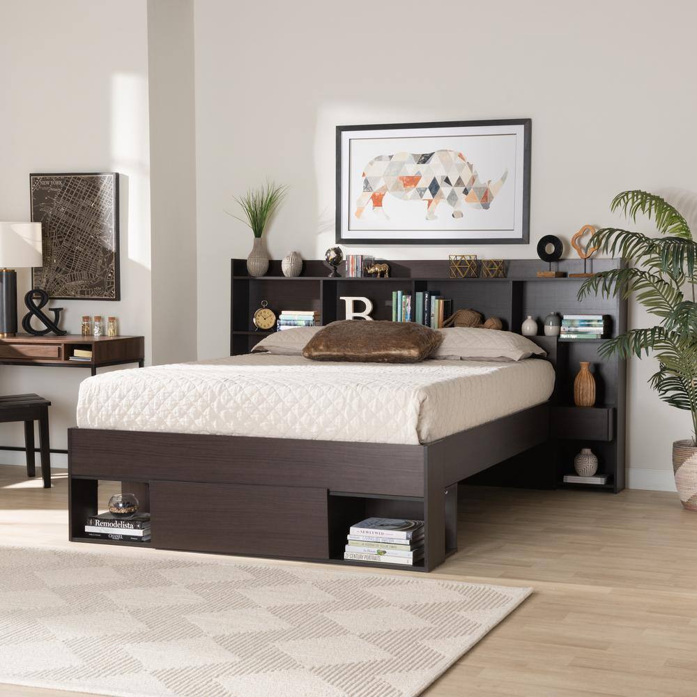 Dexton Dark Brown Queen Wood Platform Storage Bed with Shelves