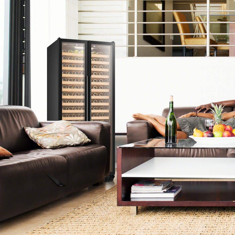 Black Freestanding Dual Door Wine Cooler with Wooden Shelves