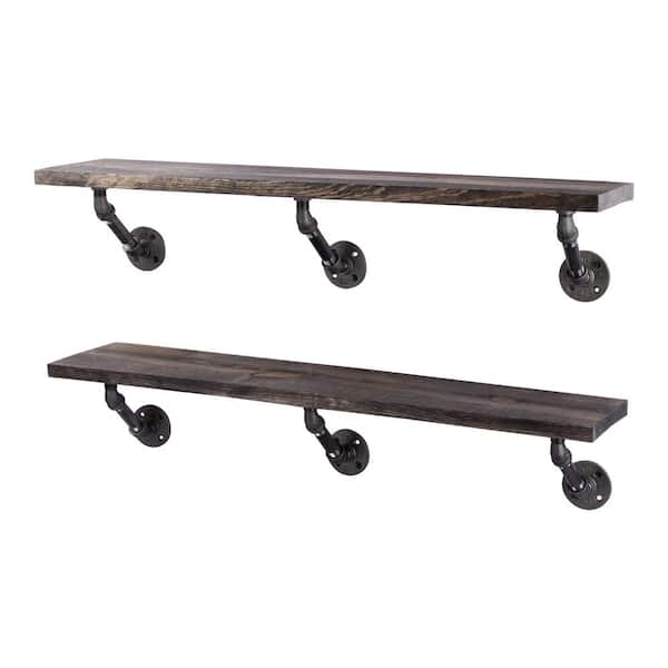 PIPE DECOR 36 in. x 7.5 in. x 6.75 in. Boulder Black Restore Wood Decorative Wall Shelf with Industrial Steel Pipe Brackets