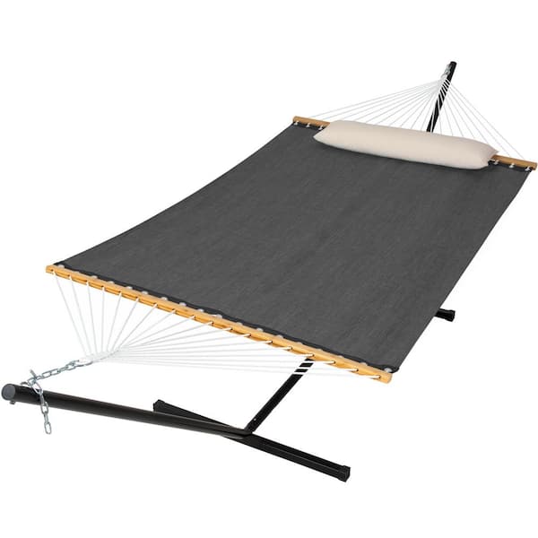 Atesun 55.1 in. x 78.7 in. Quick Dry Fabric Hammock and 12 ft. Steel Stand with Matching Pillow in Sling-Dark Gray