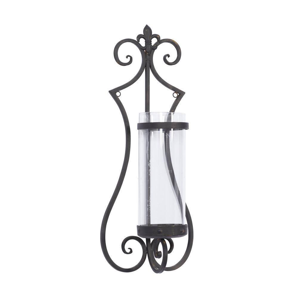 Elegant Black Metal Floral Wall Sconce with Glass Hurricane, 25"