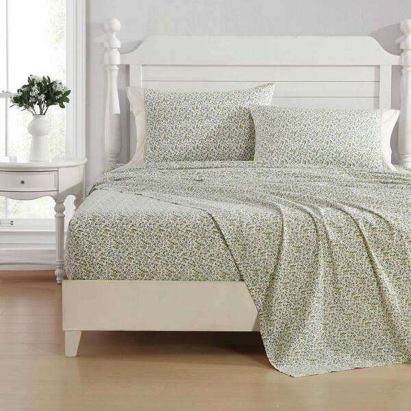 Laura Ashley Tierney 4 Piece Maize/Green Cotton King Sheet Set