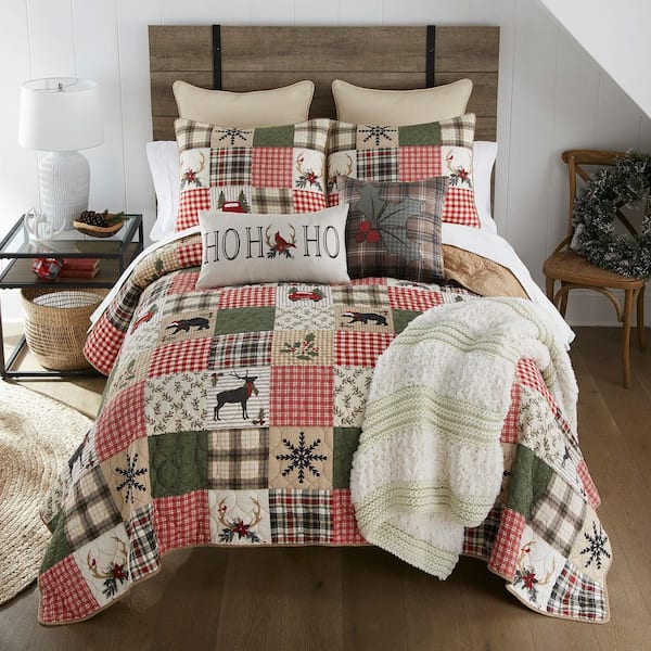 Holly Forest Red and Green 3-Pieces Cotton King Quilt Set