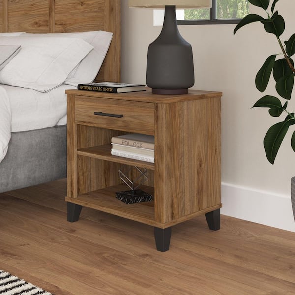 Bush Furniture Somerset 1-Drawer Fresh Walnut Nightstand with and Shelves 24 in. H x 24 in. W x 16 in. D