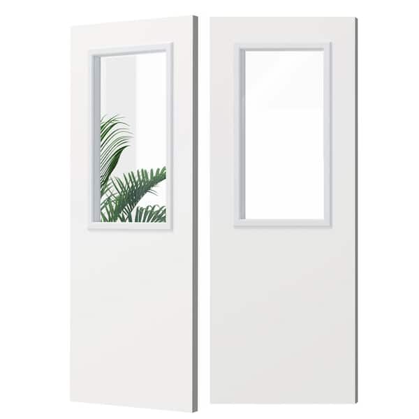 64 in. x 80 in. Universal/Reversible Half Lite Tempered Clear Glass White Primed Pine Wood Front Door Slab