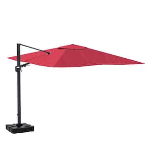 11 ft. Square Cantilever Hydraulic lifting Large Offset Outdoor Patio Umbrella with LED Light in Red with Stand