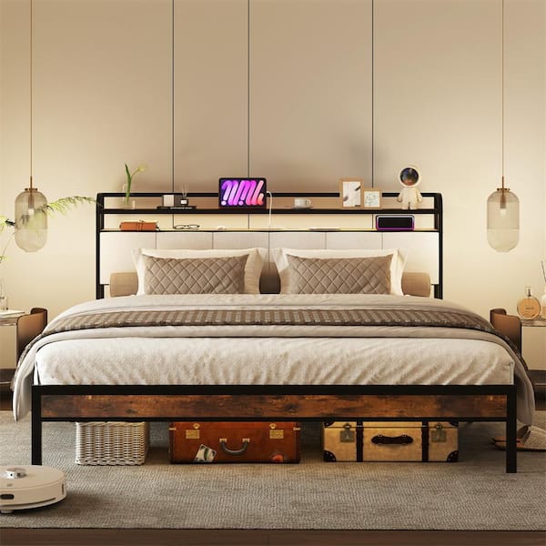 Rustic Brown Bed Frame King Size Platform Bed w/ Charging Station Metal Platform Bed w/Upholstered Headboard