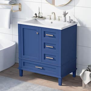 30 in. Modern Freestanding Bathroom Vanity Storage Blue Solid Wood Cabinet Combo Set with White Sink, 3 Drawers