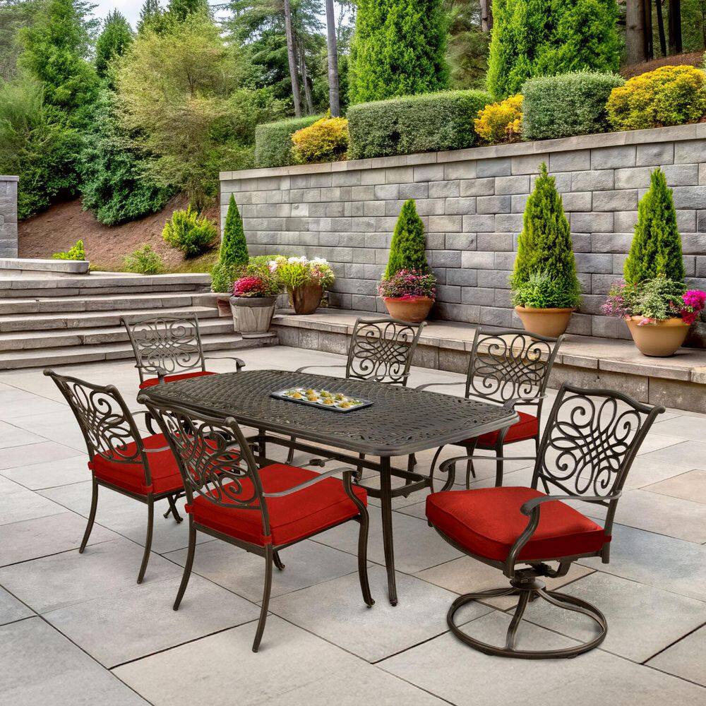 Hanover Bronze 7-Piece Outdoor Dining Set with Red Cushions
