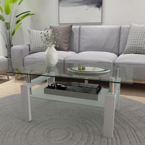 Rectangular Coffee Table/Tea table, Metal Frame, 2-Tier Tempered Glass Shelves, For Living Room, , Waiting Room, White