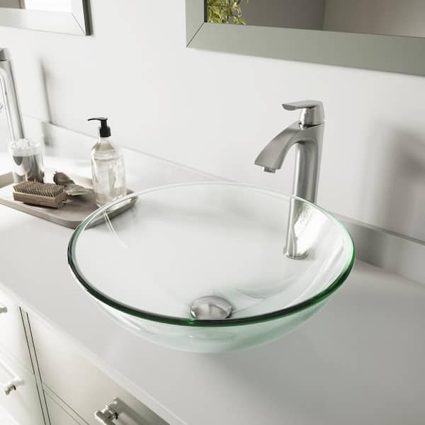 VIGO Glass Round Vessel Bathroom Sink in Iridescent with Linus Faucet and Pop-Up Drain in Brushed Nickel