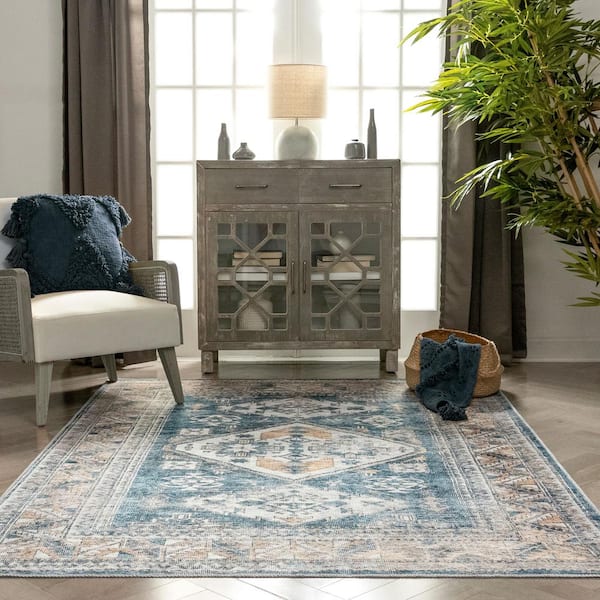 Lotus Habra Light Blue Vintage Medallion Oriental 5 ft. 3 in. x 7 ft. 3 in. Machine Washable Area Rug