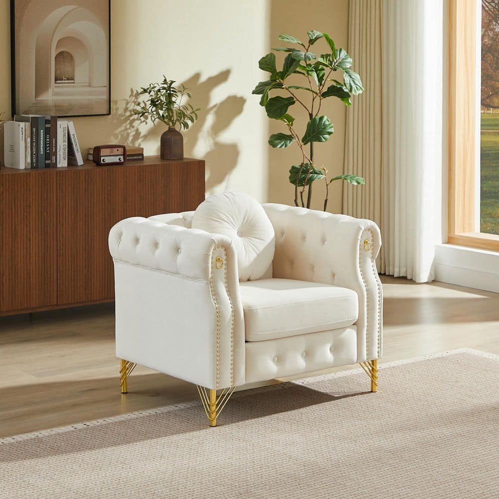 Lornell French Beige Button Tufted Velvet Upholstered Accent Rolled Arm Chair Single Sofa with Metal Legs and Pillow price history on PriceWatchPro